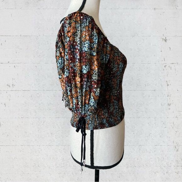 Free People Back On Top Cropped Top Dark Combo Size S Boho Smocked Puff Sleeve - Picture 7 of 13